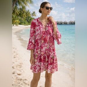 Debbie Katz NWT Pink Floral Ruffle 100% Cotton Resort Beach Cover Up Dress XL